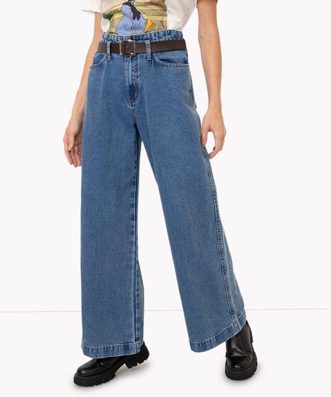 calça de shopping jeans cintura super alta com cinto azul médio