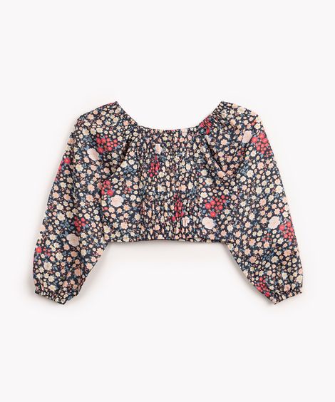 blusa de algodão floral com elástico manga longa azul marinho
