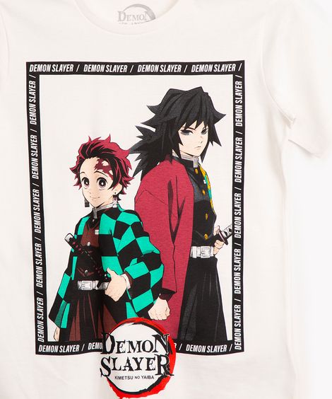 camiseta de algodão juvenil demon slayer manga curta off white