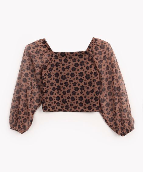 blusa de tule infantil oncinha manga longa marrom
