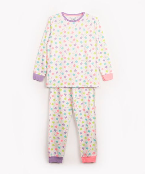 pijama de algodão infantil estrelas manga longa off white