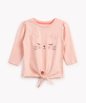 blusa de algodão infantil gatinha texturizada manga longa rosa
