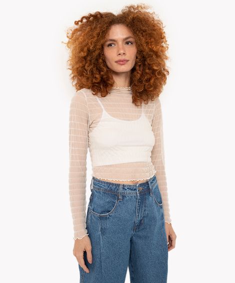 blusa de tule texturizada manga longa bege claro