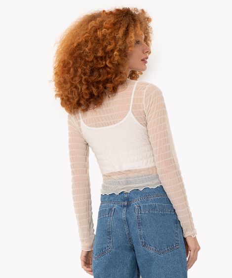 blusa de tule texturizada manga longa bege claro