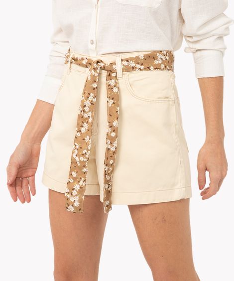 short de sarja com lenço floral cintura super alta bege