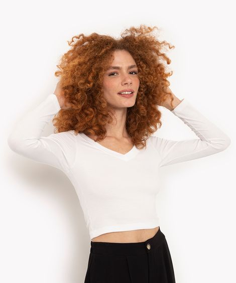 blusa básica decote v manga longa preto - off white