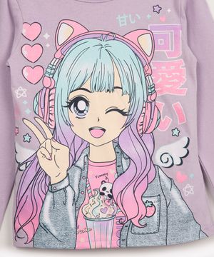 blusa de algodão infantil bella menina com glitter manga longa lilás