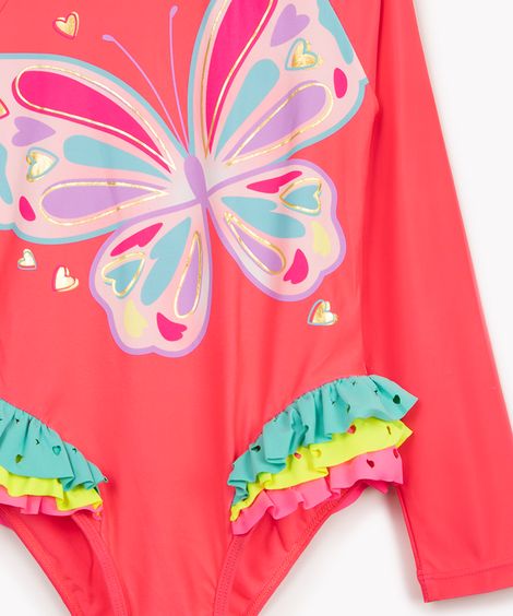 maio infantil borboleta com babados manga longa e proteção uv pink