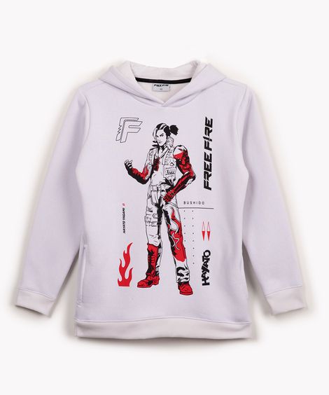 blusa de moletom juvenil free fire com capuz branco