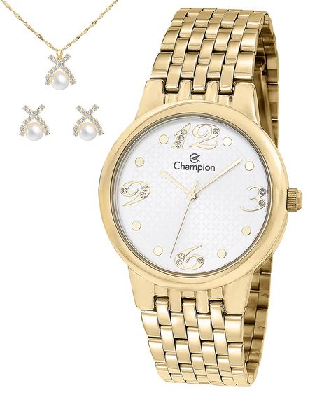 kit relógio analógico Champion CN24155W com brincos e colar DOURADO