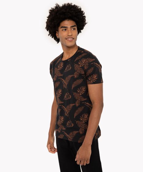 camiseta de algodão manga curta folhagem preta