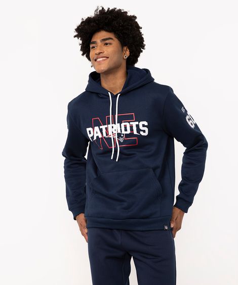 blusa de moletom com capuz e bolso patriots nfl esportivo azul marinho