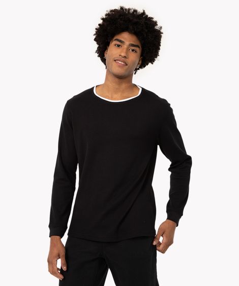camiseta texturizada de algodão manga longa preta