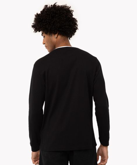camiseta texturizada de algodão manga longa preta