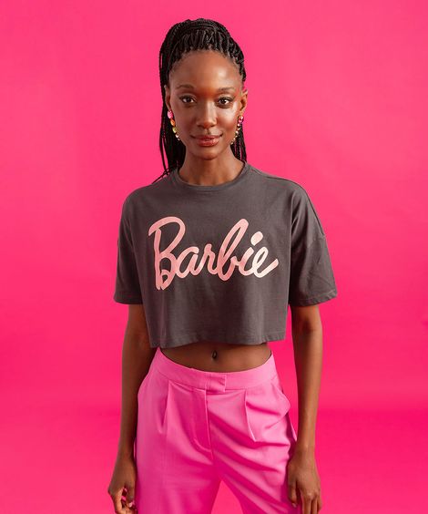 camiseta cropped de algodão barbie cinza escuro