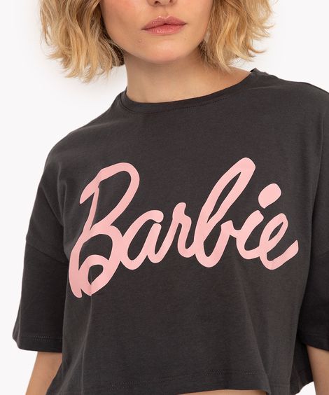 camiseta cropped de algodão barbie cinza escuro