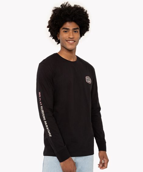 camiseta de algodão manga longa estampa localizada preta