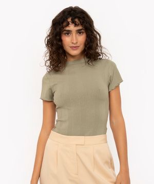 blusa de malha canelada manga curta fru fru verde mate