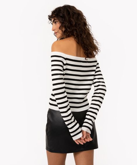 blusa ombro a ombro listrada manga longa off white