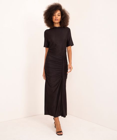 vestido longo de malha tricô drapeado mindset preto