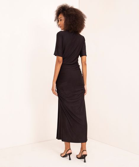 vestido longo de malha tricô drapeado mindset preto