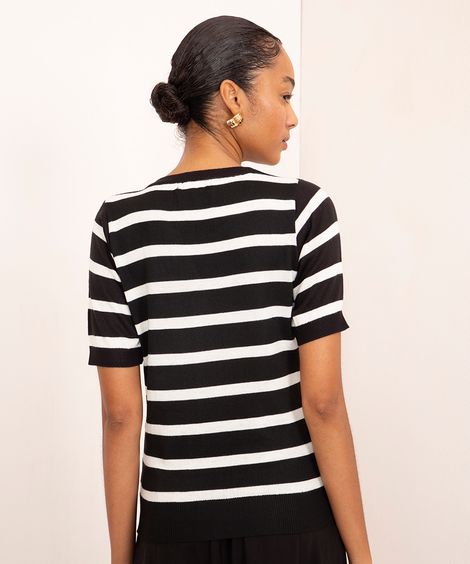 blusa de tricot listrada manga curta mindset preta