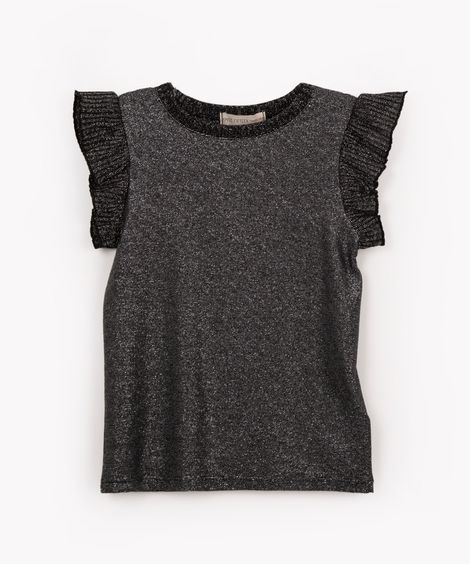 blusa de viscose juvenil com brilho e babado preto