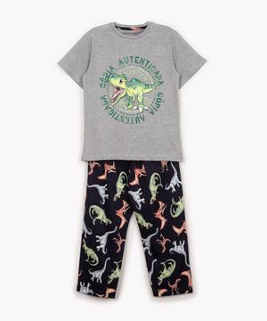 pijama de algodão infantil dinossauro manga curta tal pai tal filho cinza