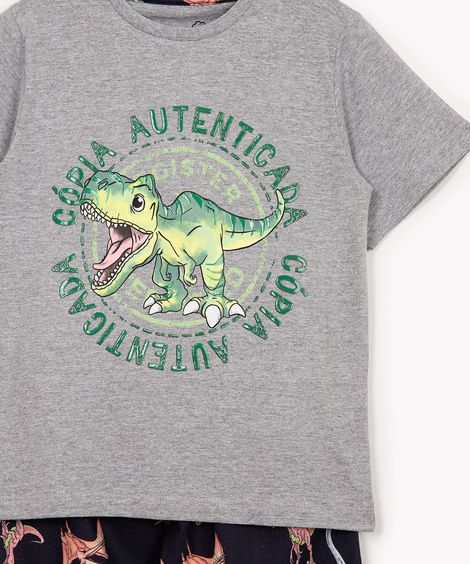 pijama de algodão infantil dinossauro manga curta tal pai tal filho cinza