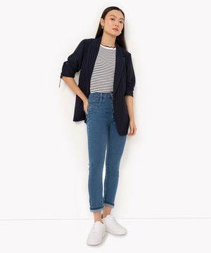 calça jeans skinny push up cintura alta com recortes  azul medio