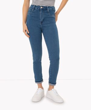 calça jeans skinny push up cintura alta com recortes  azul medio
