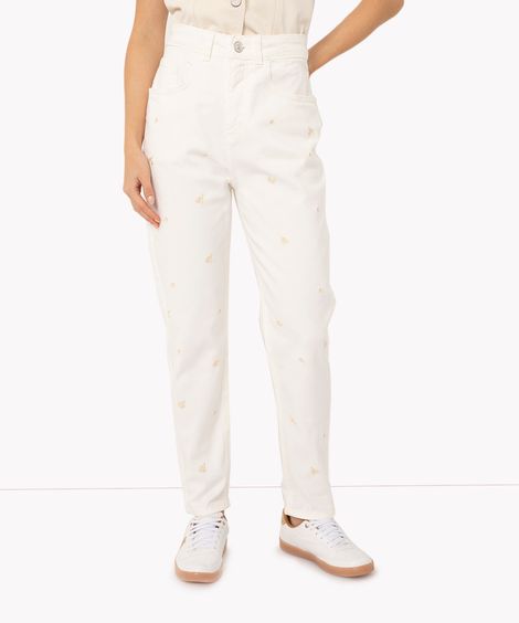 calça de sarja mom cintura super alta com bordado off white