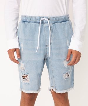 bermuda jeans com rasgos e bolsos azul claro