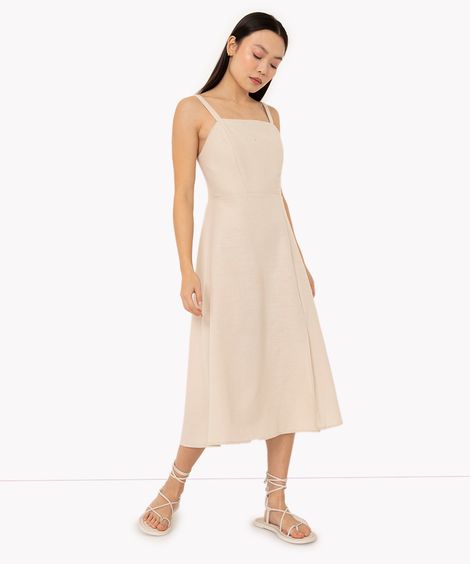 vestido midi de viscose com fenda  - areia