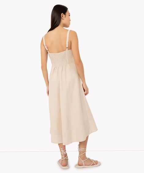 vestido midi de viscose com fenda  - areia