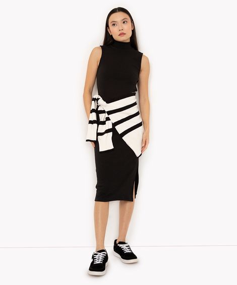 vestido midi básico canelado com fenda gola alta preto