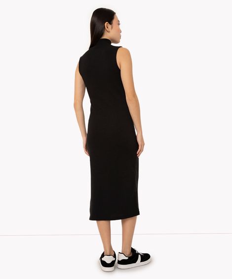 vestido midi básico canelado com fenda gola alta preto