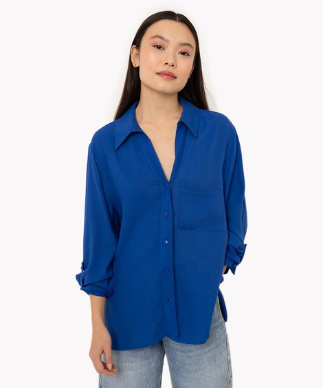 camisa de viscose com bolso manga longa azul