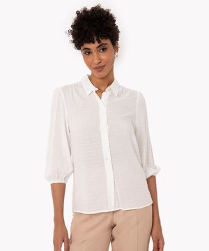 camisa de viscose texturizada manga longa off white