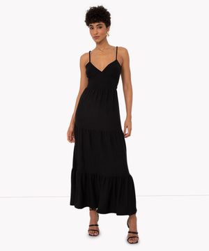 vestido midi texturizado cavado alça fina com recortes preto