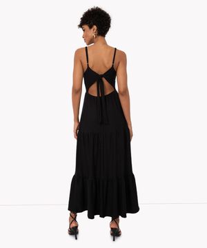 vestido midi texturizado cavado alça fina com recortes preto