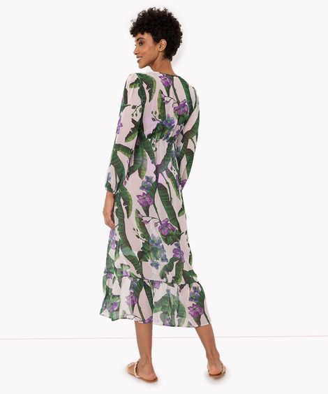 kaftan longo folhagens com laço manga longa off white