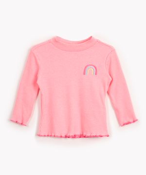 blusa de algodão infantil canelada arco íris manga longa rosa flúor