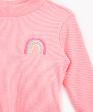 blusa de algodão infantil canelada arco íris manga longa rosa flúor