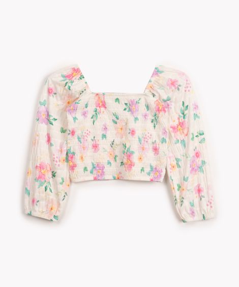 blusa ciganinha infantil texturizada floral manga longa off white