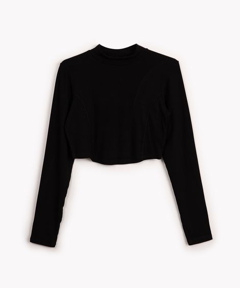 cropped de viscose juvenil canelado com recorte manga longa preto