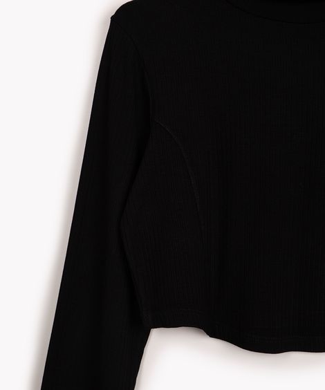 cropped de viscose juvenil canelado com recorte manga longa preto