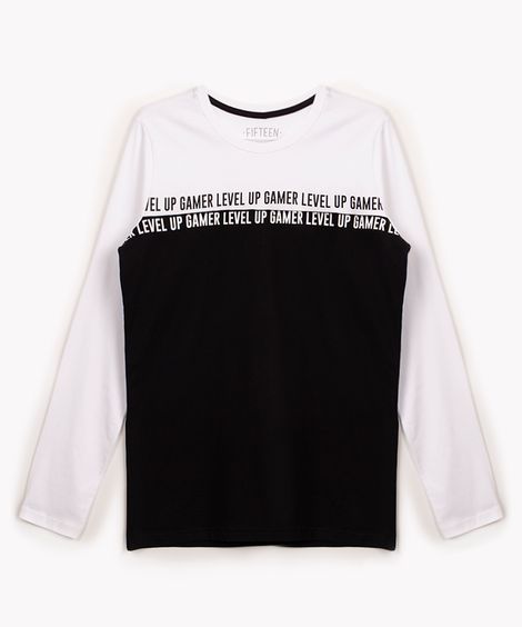 camiseta de algodão juvenil gamer com recorte manga longa off white