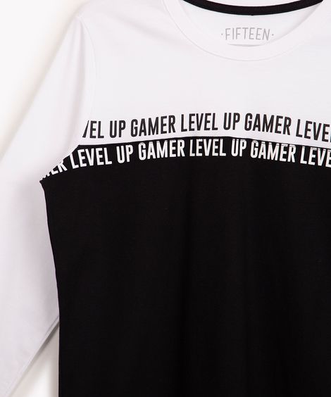 camiseta de algodão juvenil gamer com recorte manga longa off white