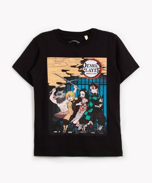 camiseta de algodão infantil demon slayer manga curta preta